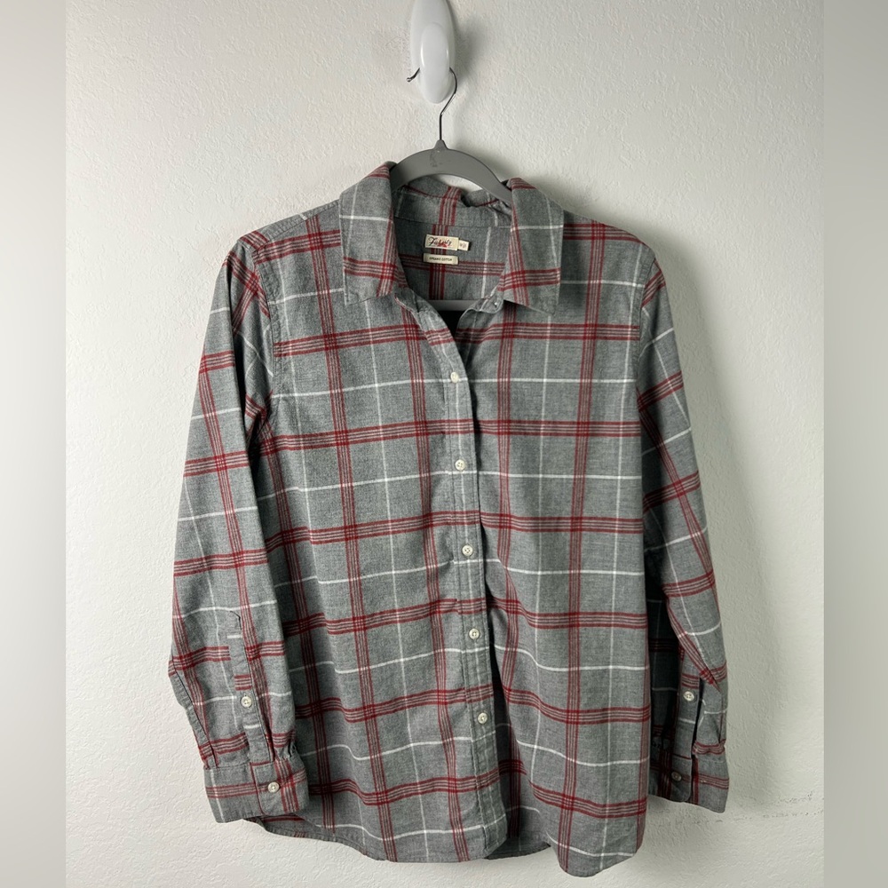 Faherty Organic Cotton Blend Gray Red White Plaid Fall Winter Office Button Down - Picture 2 of 11